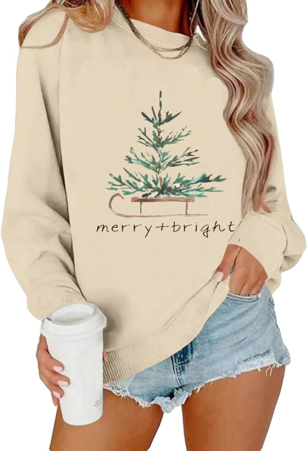 Womens Christmas Sweatshirts Merry and Bright Long Sleeve shirts
