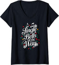 Womens Fun Jingle Bells All The Way Festive Christmas Graphic V-Neck T-Shirt