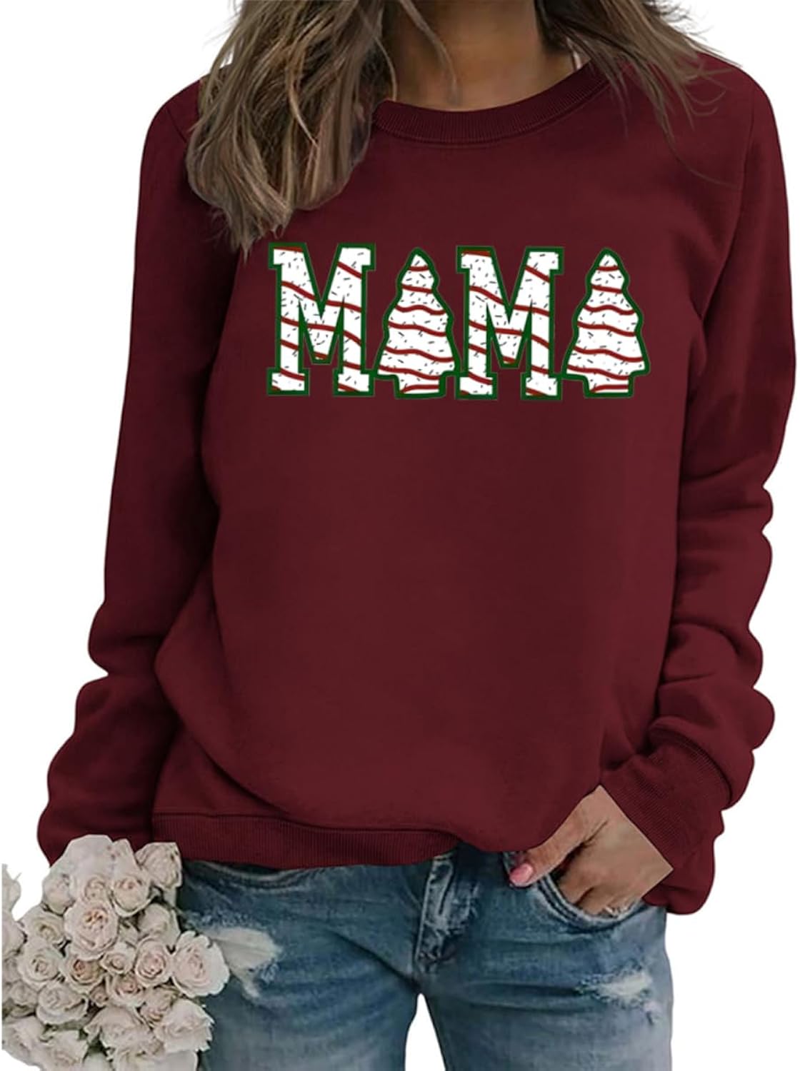 Mama Christmas Sweatshirt Women Christmas Tree Cake Long Sleeve Graphic Shirts Cute Mom Crewneck Pullover Tops