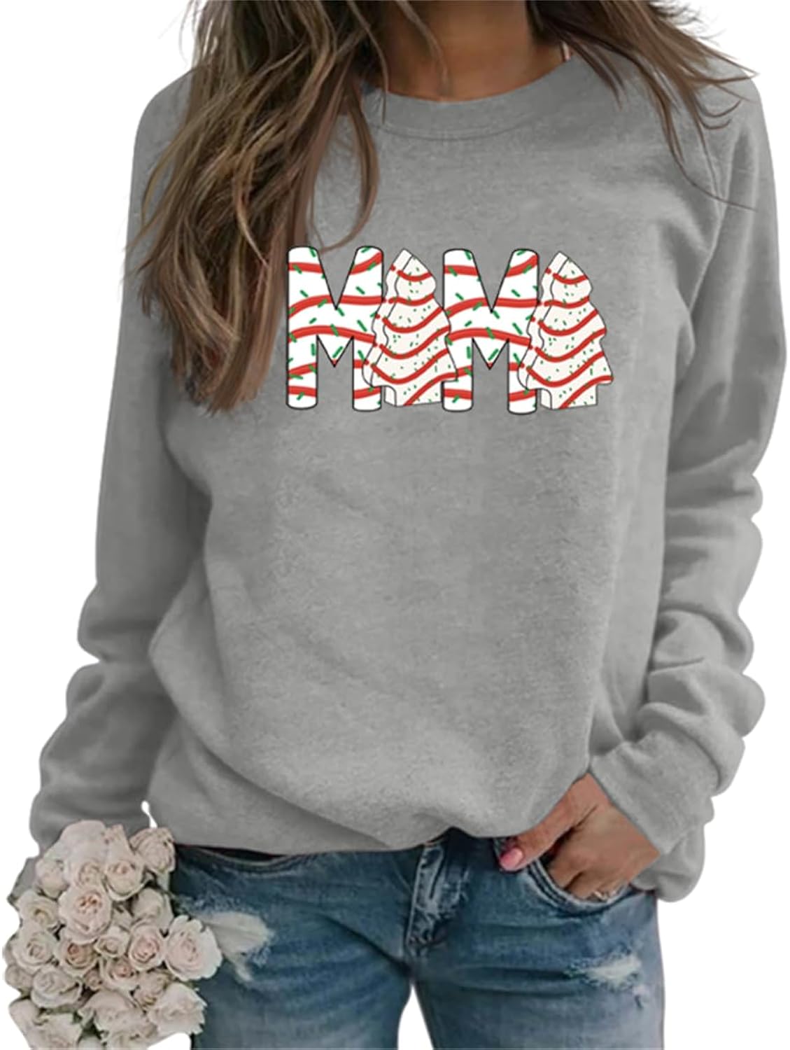 Mama Christmas Sweatshirts for Women - Tree Cake & Mom Long Sleeve Pullover Sweater