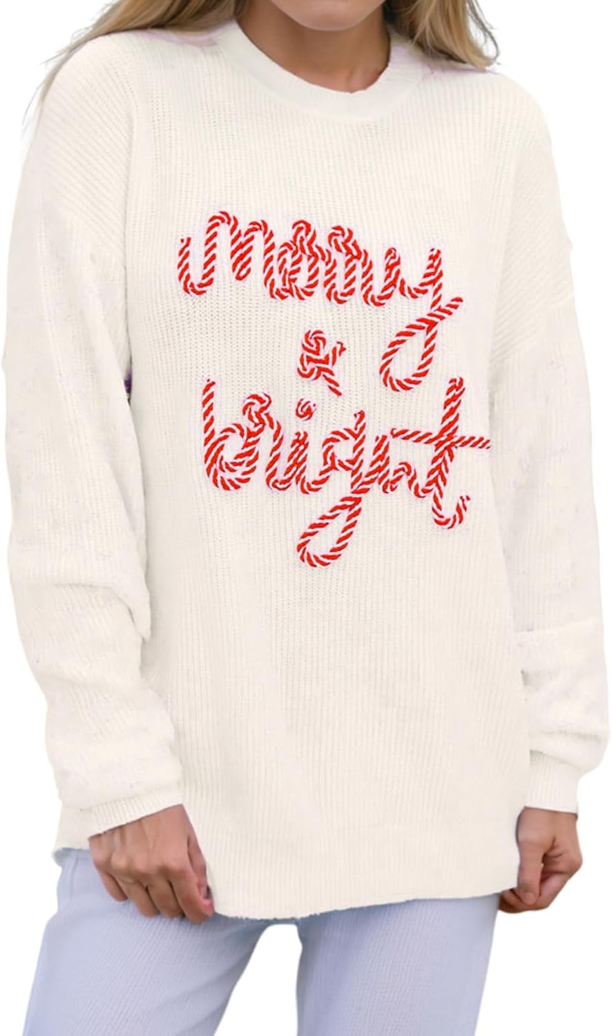 Women's Striped Merry Bright Letter Print Christmas Sweater