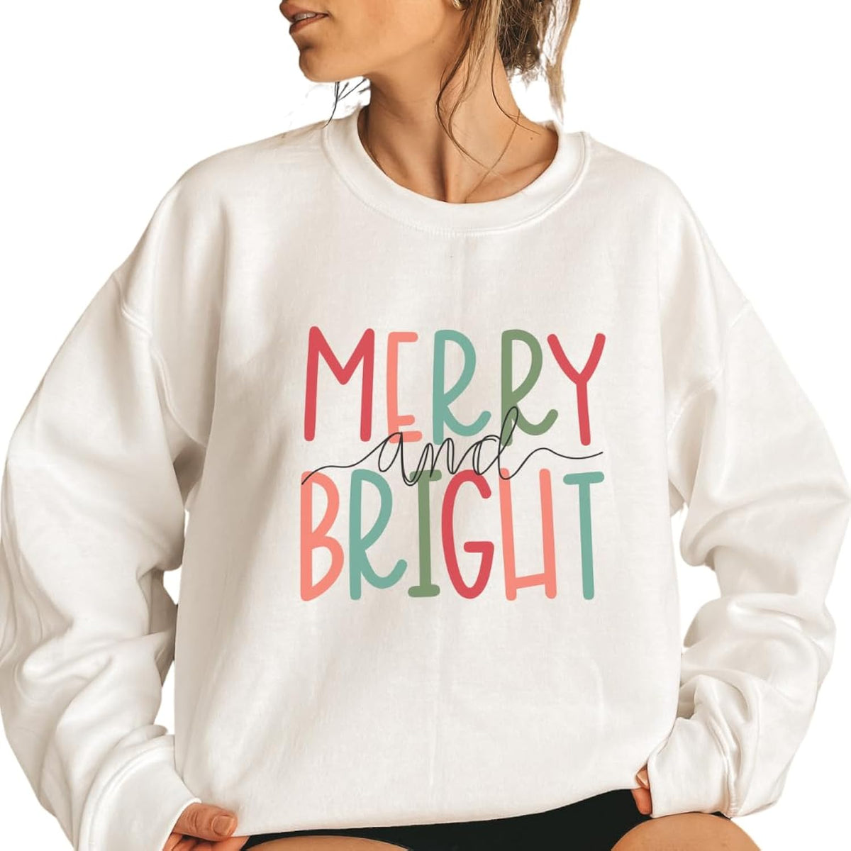 Merry Bright Sweatshirt, Cotton Polyester Blend, Crew Neck, Regular Fit, Graphic Style