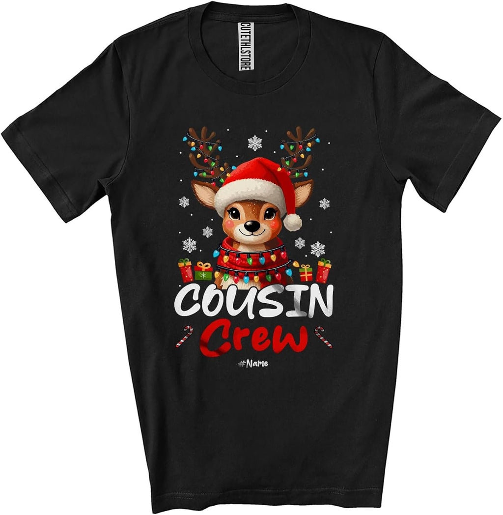 Personalized Custom Name Cousin Crew; Adorable Christmas Lights Santa Reindeer; Family Group Unisex T-Shirt Black