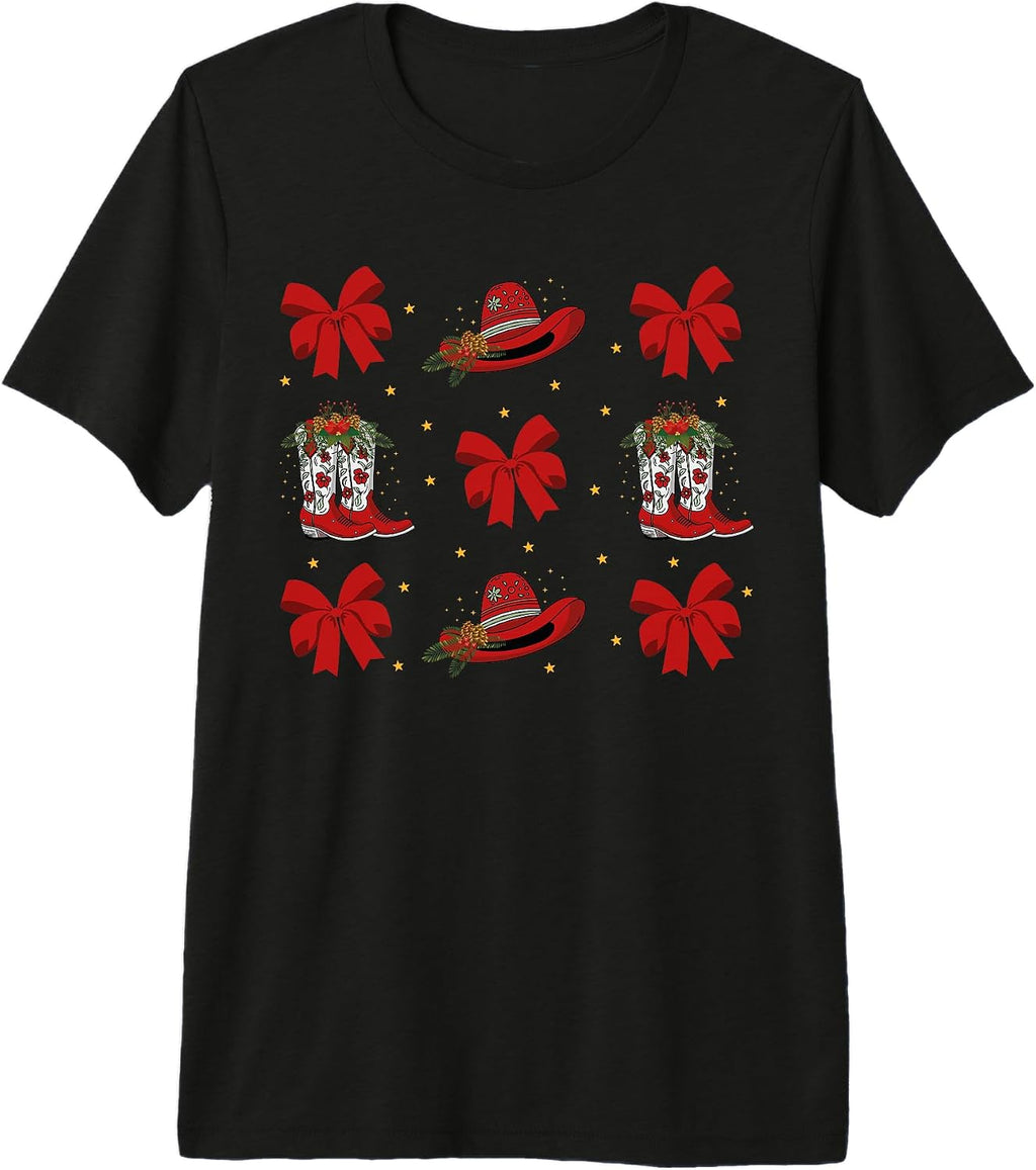 Western Coquette Cowgirl Christmas Bow Retro Christmas Boots Premium Tri-blend T-Shirt