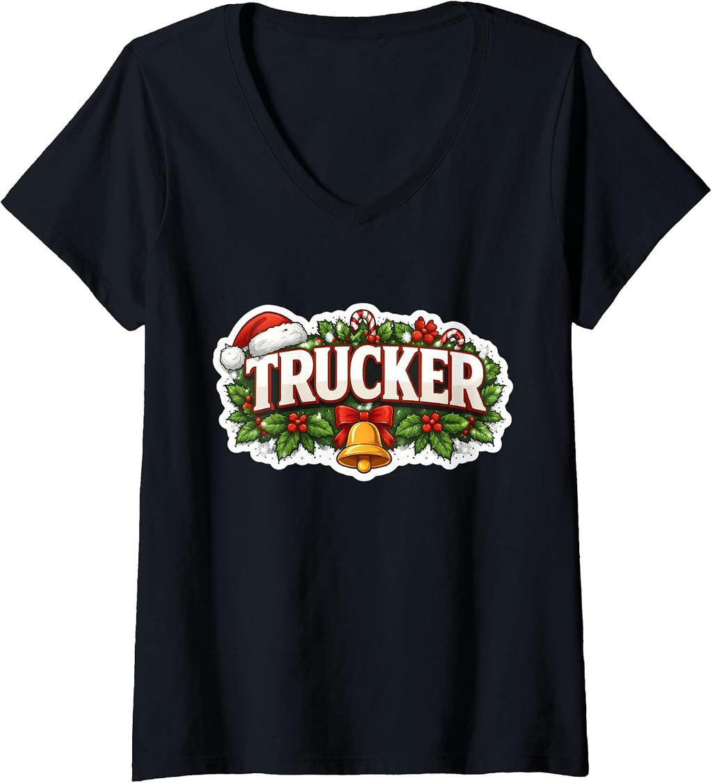 Women's Trucker Merry Christmas Truck Driver Truckie Holiday Season V-Neck T-Shirt