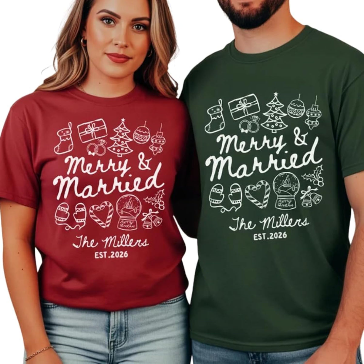 Merry & Married First Christmas as Mr and Mrs Christmas Shirts Multi