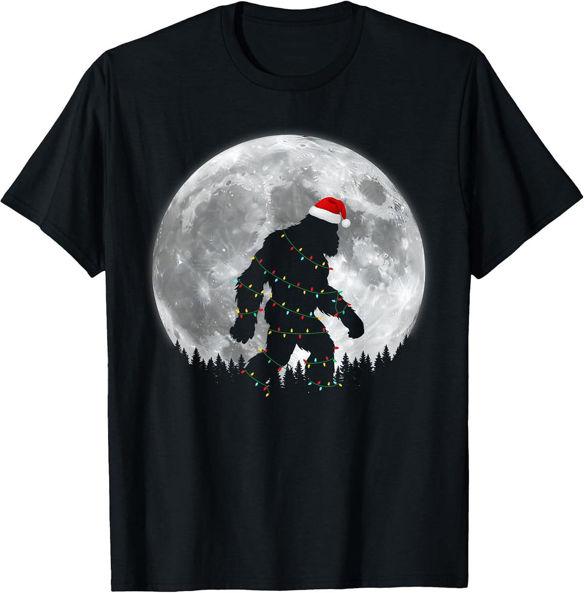 Funny Bigfoot Santa Moon Christmas Lights Xmas Sasquatch T-Shirt