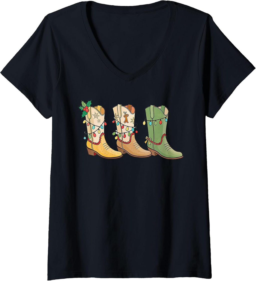 Womens Christmas Cowgirl Boots Western Country Women Howdy Xmas V-Neck T-Shirt