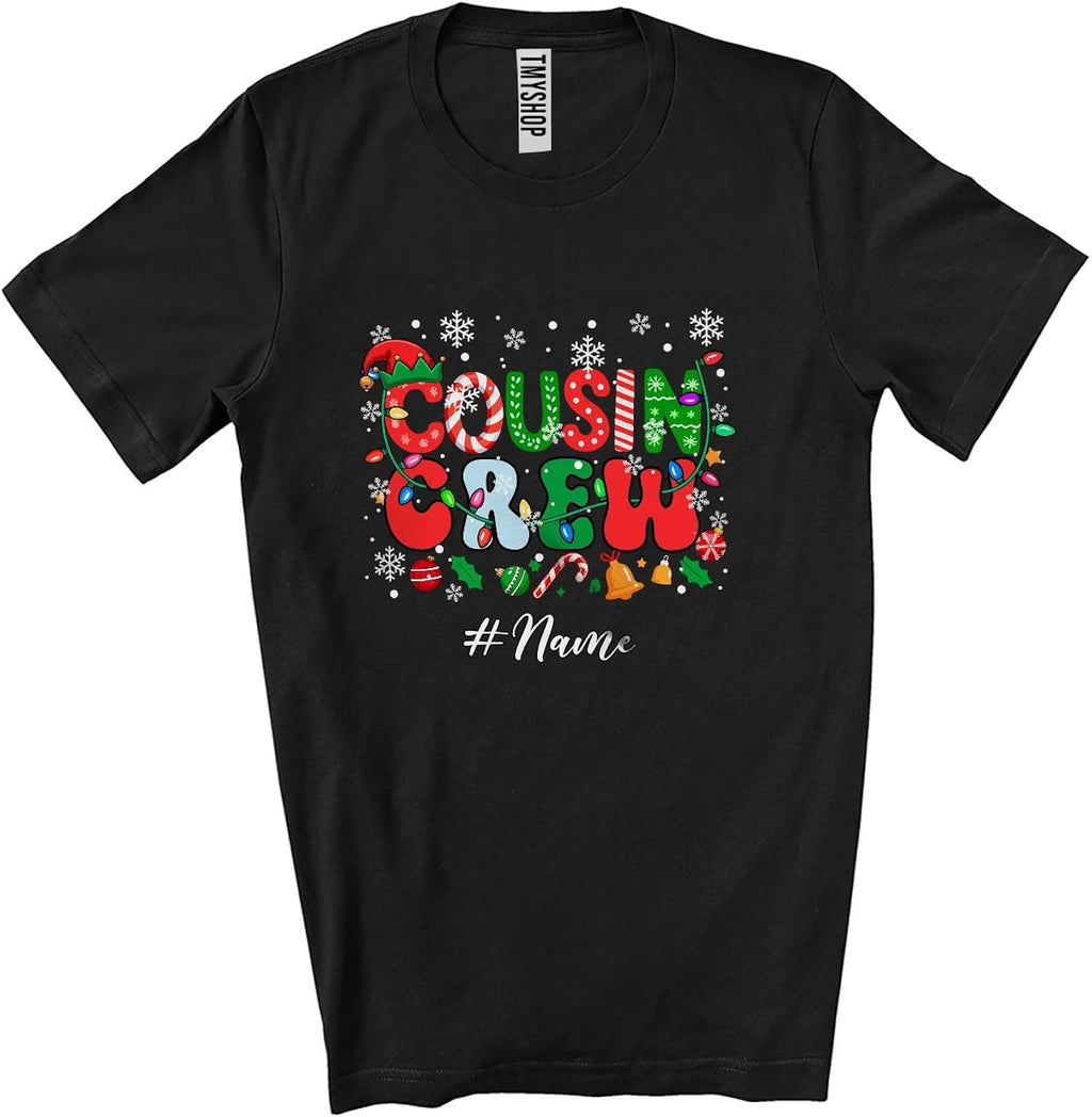 Personalized Custom Name Cousin Crew; Adorable Christmas Candy Canes Elf; X-mas Family Unisex T-Shirt Black