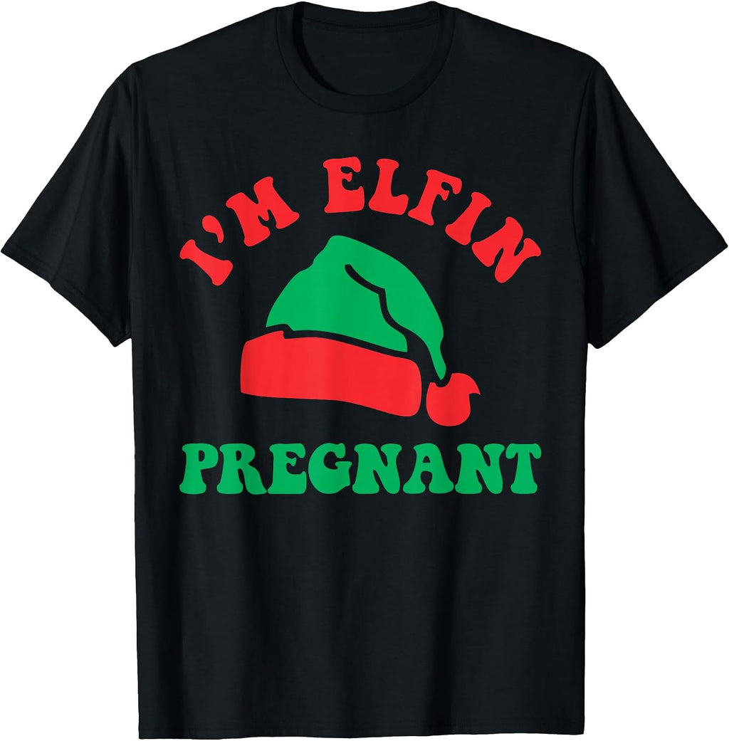 Elf Hat Pregnant Announcement Merry Christmas Holiday Season T-Shirt