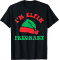 Elf Hat Pregnant Announcement Merry Christmas Holiday Season T-Shirt