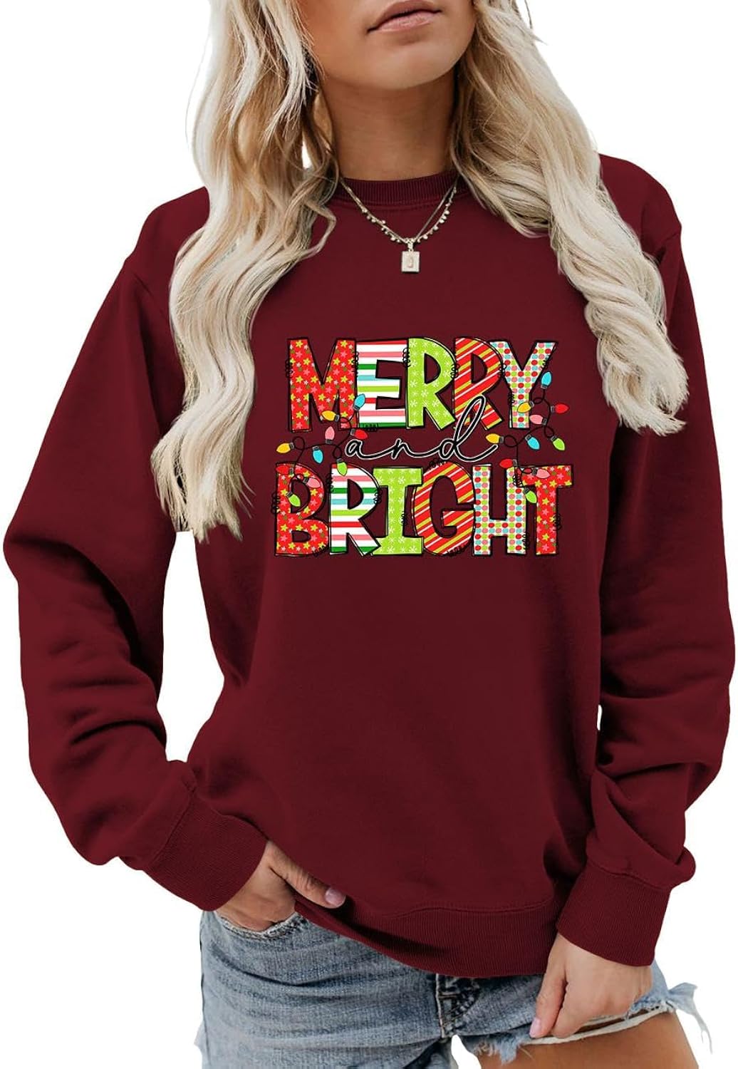 Merry And Bright Colorful Letter Print Sweatshirt Merry Christmas Light Graphic Shirt Casual Round Neck Tee Tops
