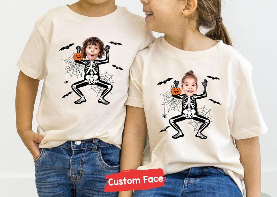 Personalized Skeleton Characters Costume Sweatshirt, Custom Photo Halloween Shirts, Custom Funny Face Shirt, Halloween Party TShirts