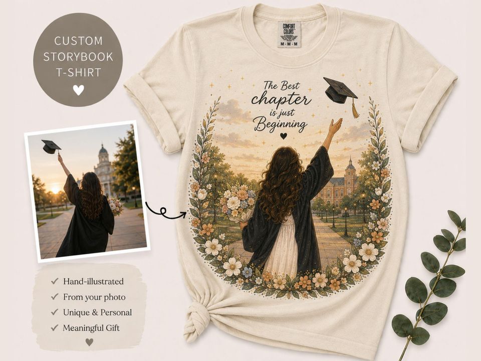 Custom Graduation Photo Shirt, Personalized Storybook Illustration, Graduation Sweatshirt, Custom Hoodie, Graduate Gift, Class 2026 Keepsake