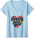 Womens Festive Happy New Year 2026 Heart Matching Family V-Neck T-Shirt