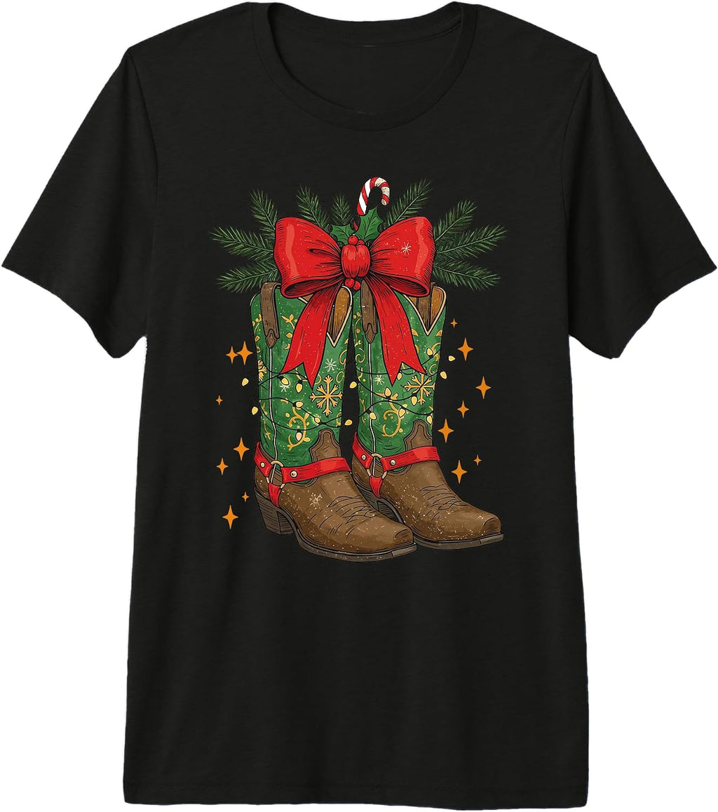 Christmas Cowgirl Boots Cowboy Western Coquette Bow Xmas Premium Tri-Blend T-Shirt