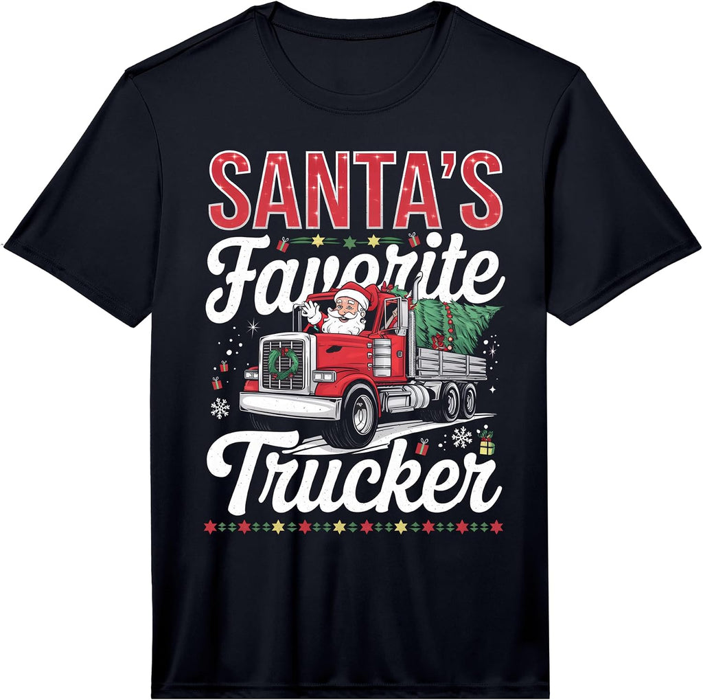 Mens Santa Claus's Favorite Trucker Funny Christmas Truck Driver Performance T-Shirt