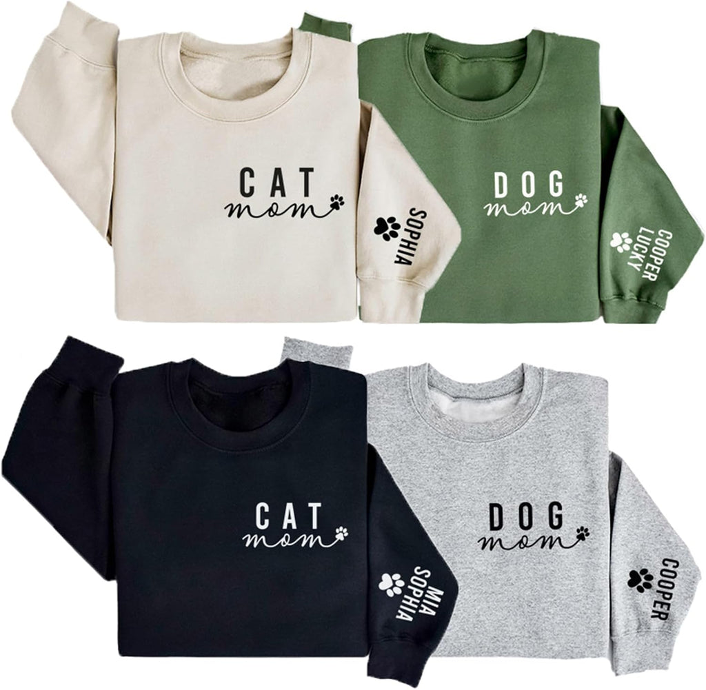 Custom CAT MOM & Dog MOM Sweatshirt with Pet Name on Sleeve | Customized Gifts for Cat Mom | Custom Dog Sweatshirts for Women | Personalized Name Cat Mama Sweatshirt, Shirt and Hoodie