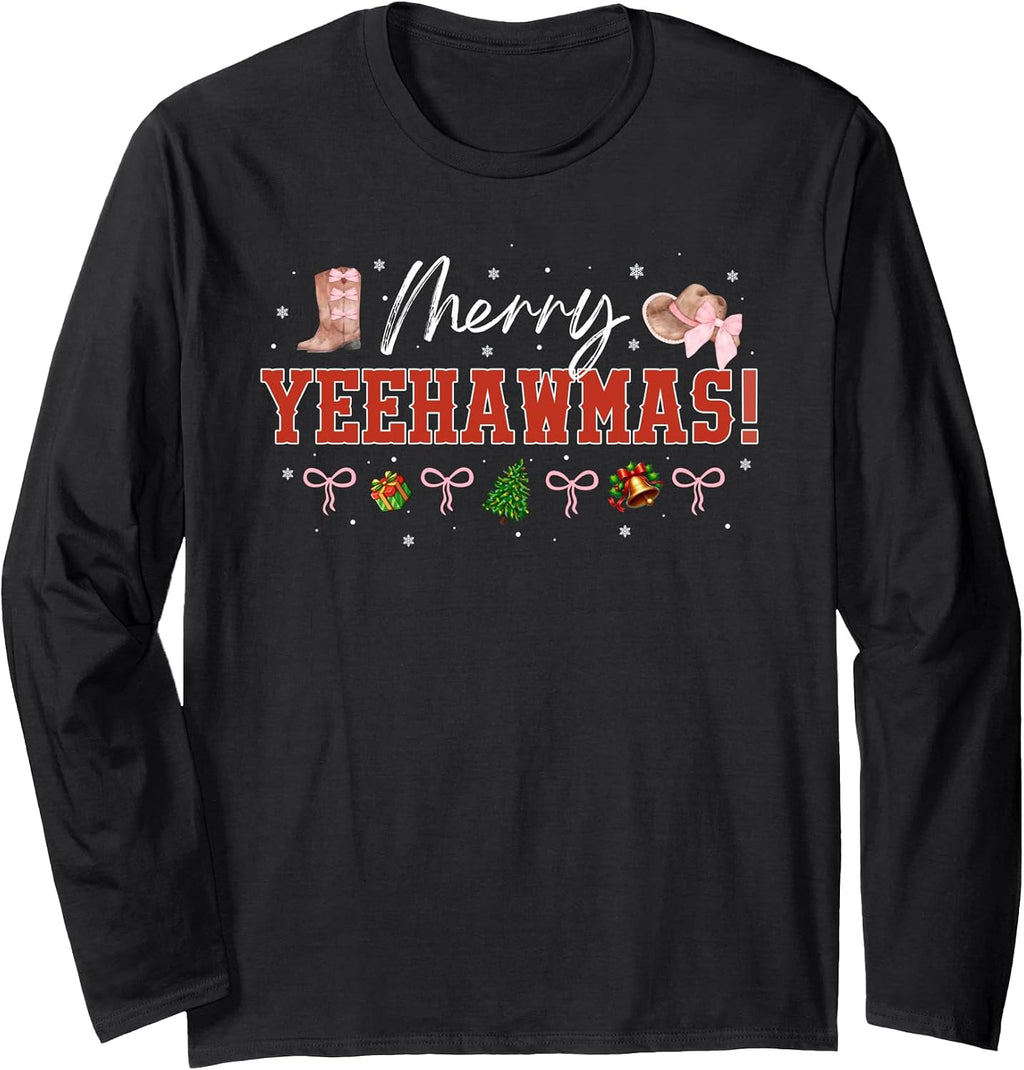 Yeehaw Merry Christmas Cowgirl Western Coquette Pink Bow Long Sleeve T-Shirt