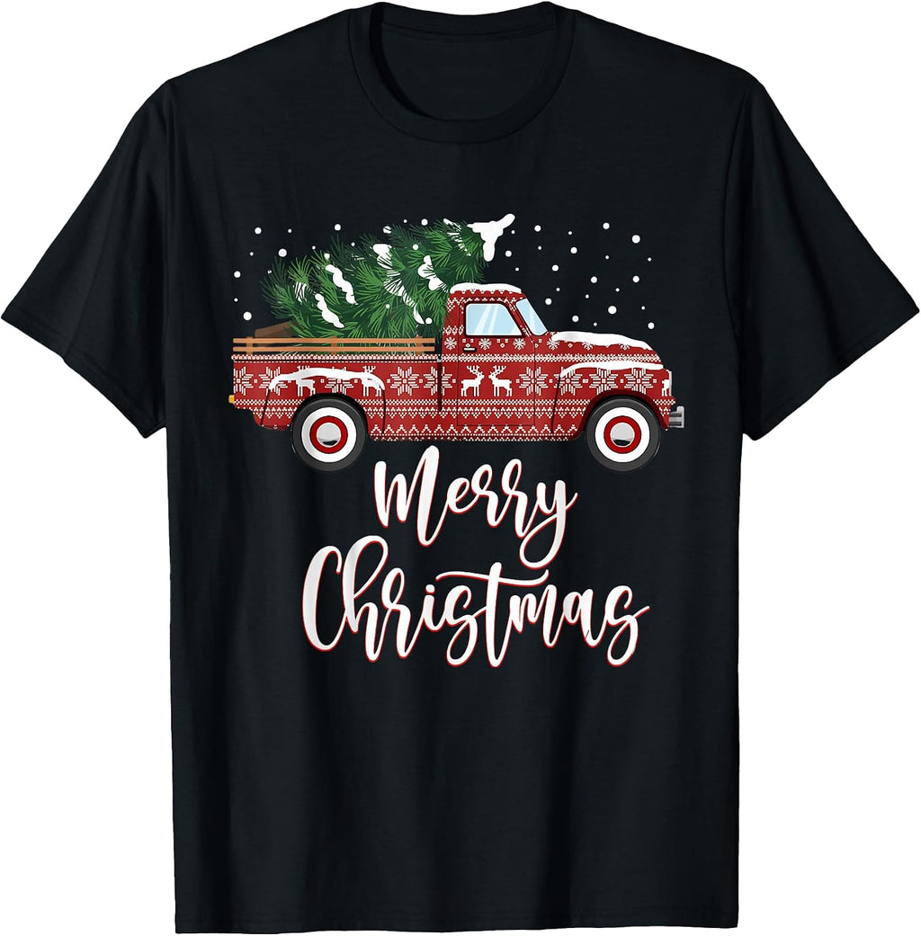Merry Christmas Red Truck Buffalo Plaid Xmas Men Women Retro T-Shirt