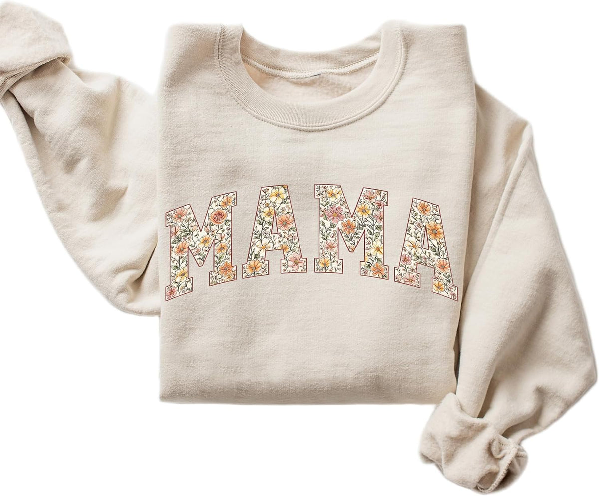 Mama Floral Sweatshirt – Botanical Letter Graphic Crewneck – Soft Green Mom Pullover