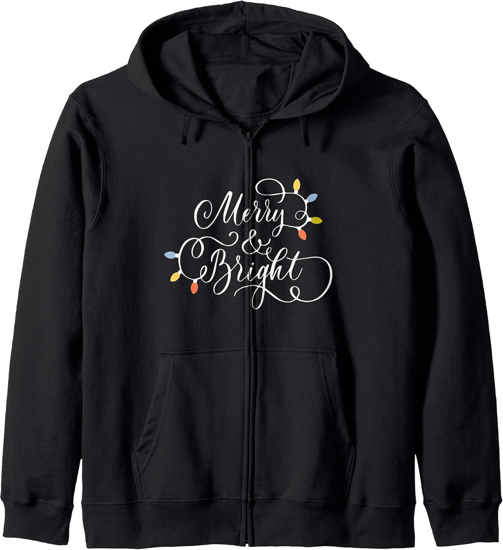 Merry And Bright X-Mas Holiday Christmas Lights Zip Hoodie
