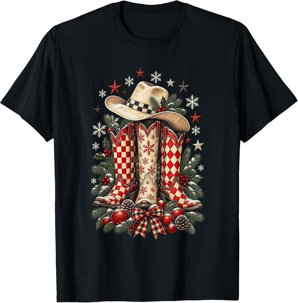Cowgirl Christmas Boots Retro Western Country Rodeo Winter T-Shirt