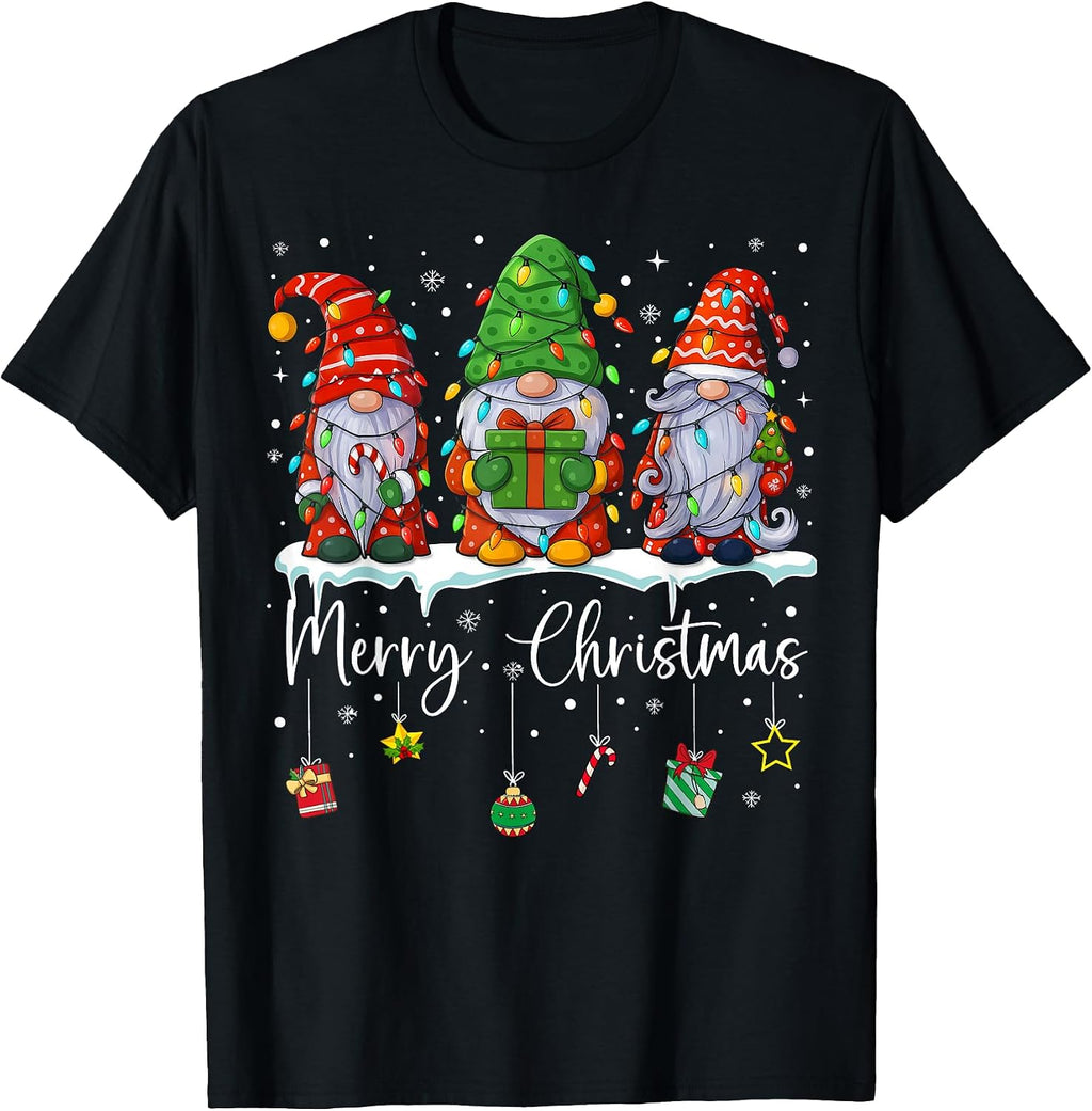 Cute Christmas Gnomes with Lights Merry Christmas T-Shirt
