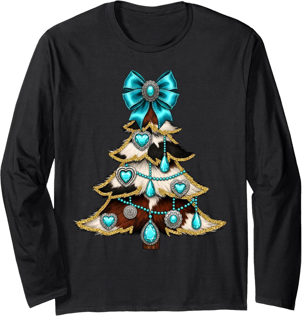 Western Xmas Tree Turquoise Cowhide Cowgirl Farmer Holiday Long Sleeve T-Shirt
