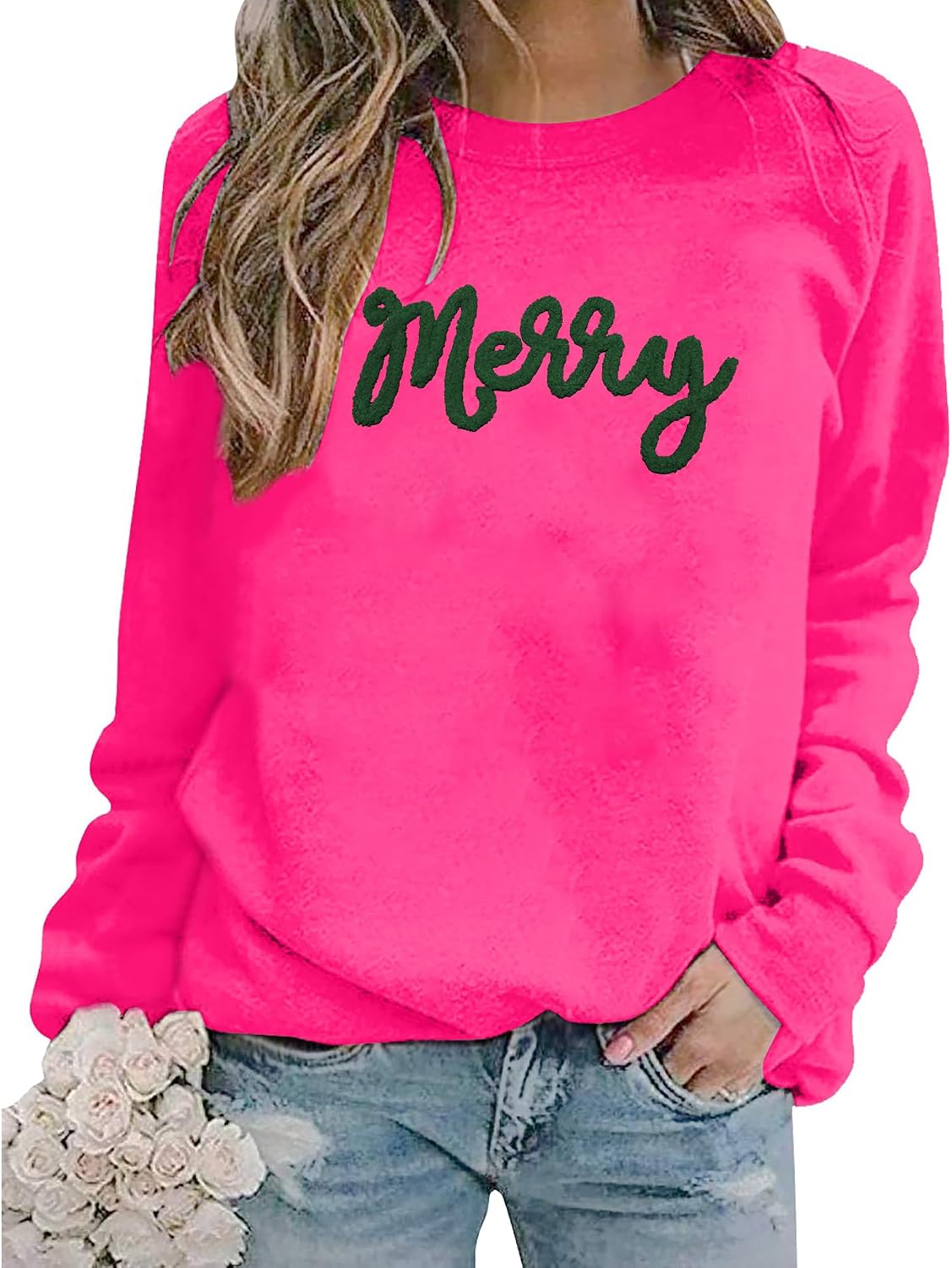 Christmas Sweatshirts Women Merry Chenille Letter Sweatshirt Xmas Holiday Party Gifts Crewneck Pullover Blouse