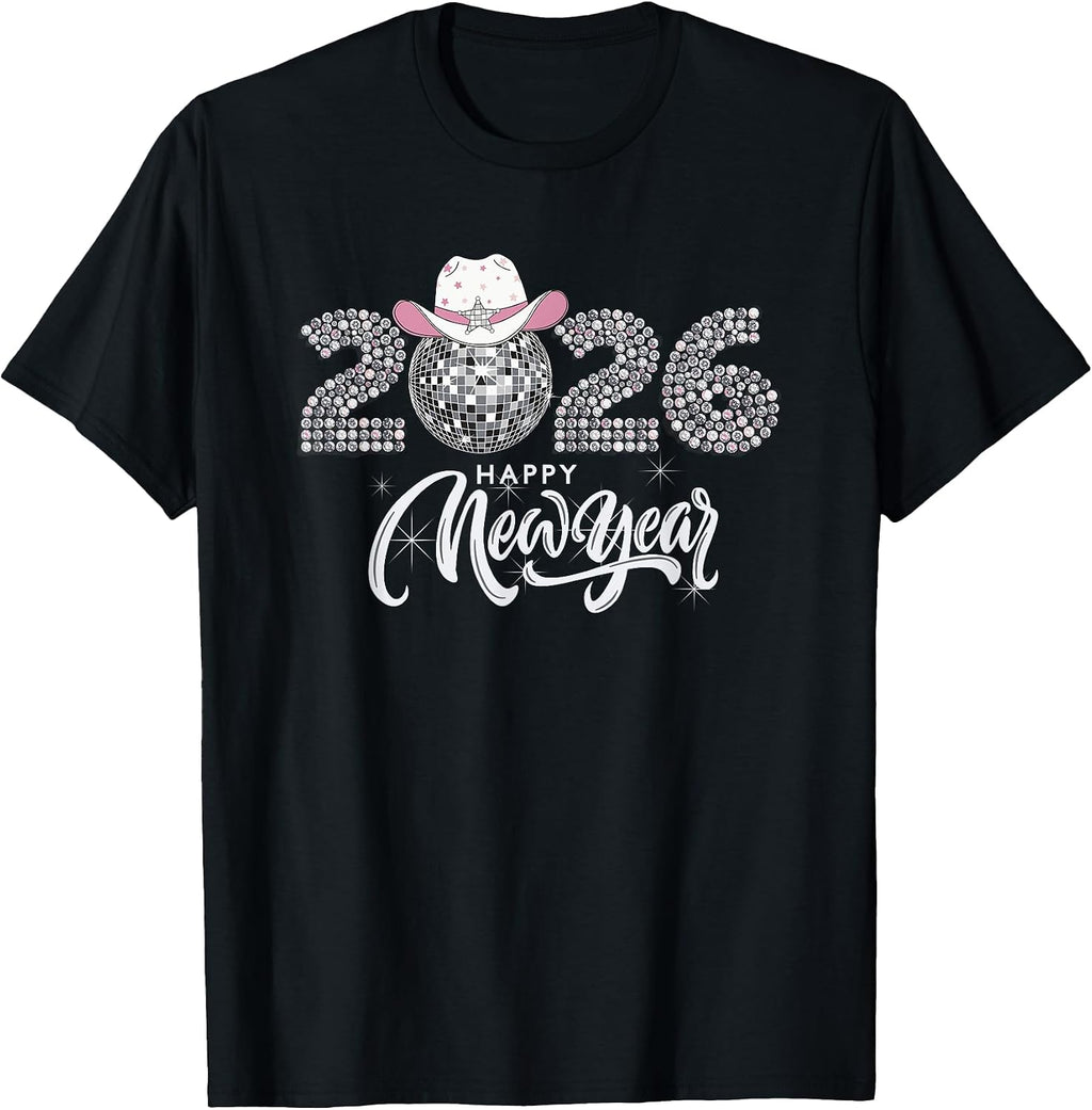 Happy New Year 2026 Disco Ball Cowgirl Hat Matching Family T-Shirt