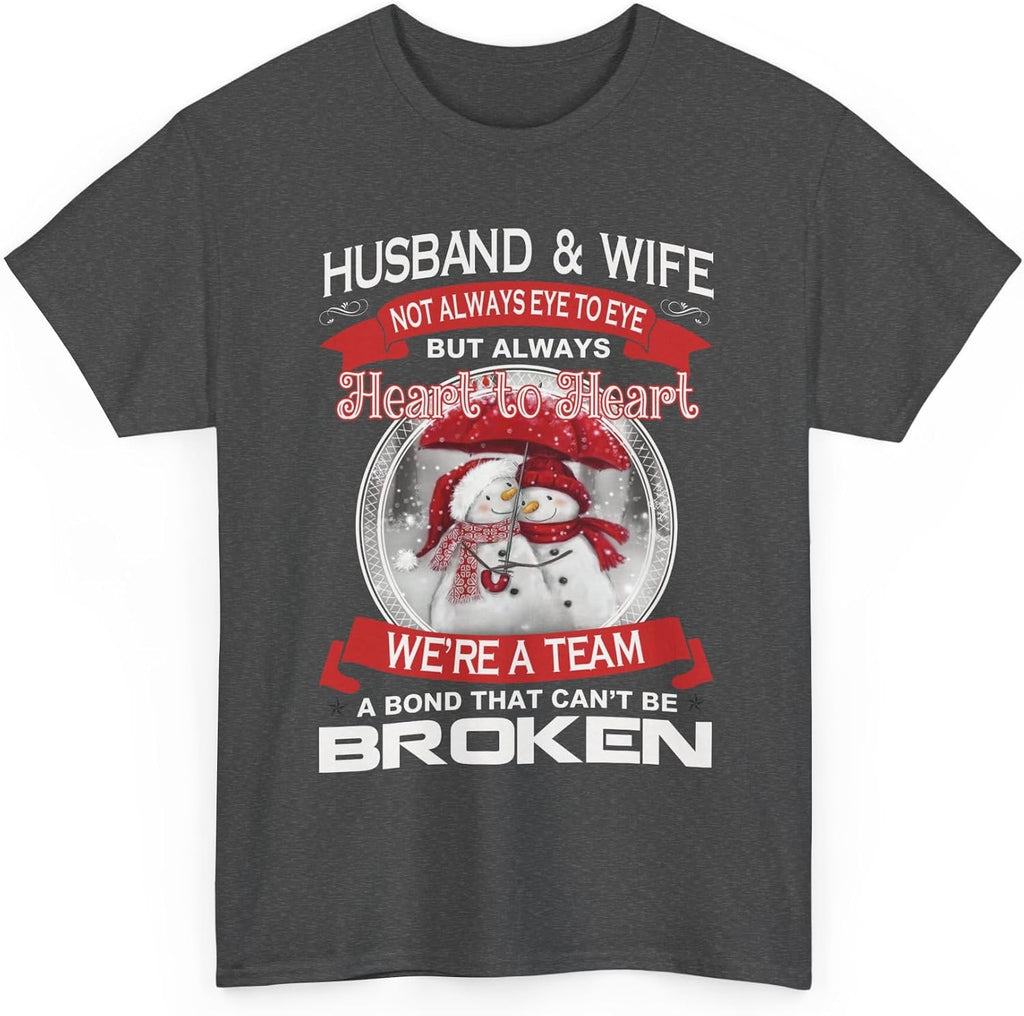 Husband and Wife Christmas Shirt Funny Couple Tee Heart to Heart Snowman Gift for Him and Her