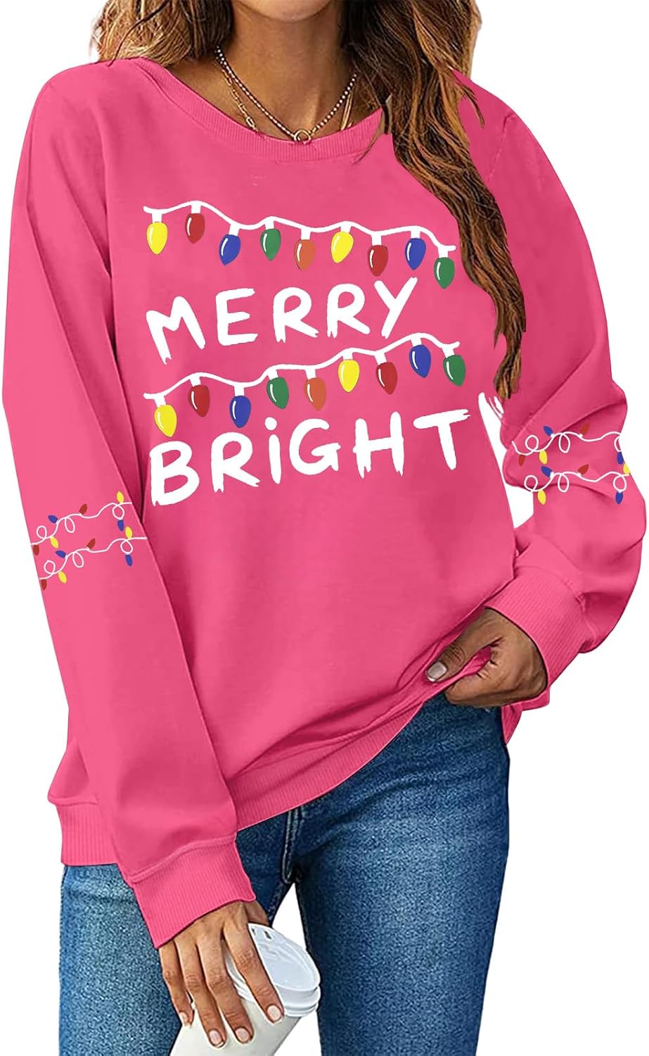 Christmas Sweatshirts Women Merry and Bright Shirts Christmas Tree Lights Sweatshirts Xmas Holiday Shirt Pullover Tops