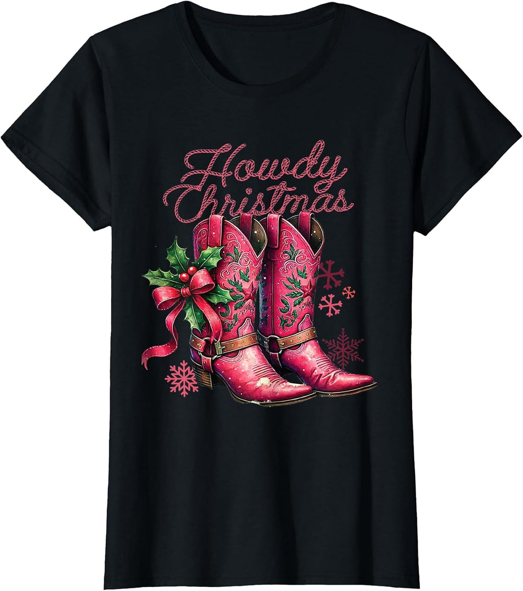 Pink Cowgirl Boots Cowboy Western Christmas Howdy Xmas T-Shirt