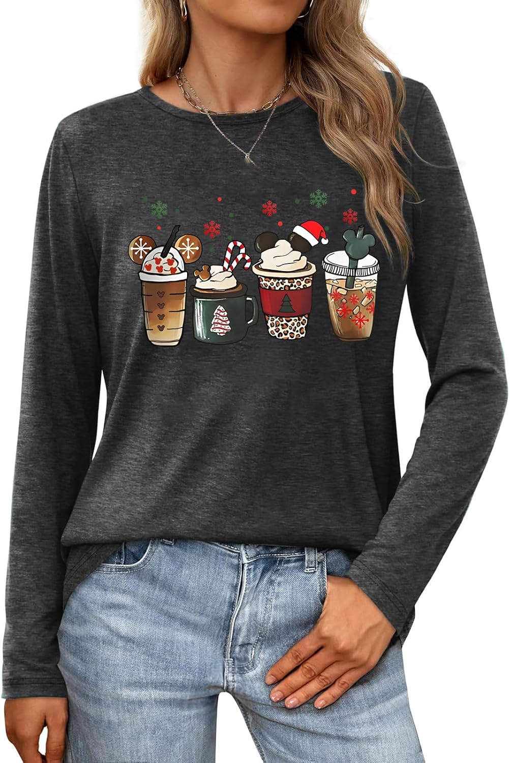 Long Sleeve Christmas Shirts for Women: Merry Christmas Tshirts Women Xmas Tree Snowman Coffee Graphic Tee Tops