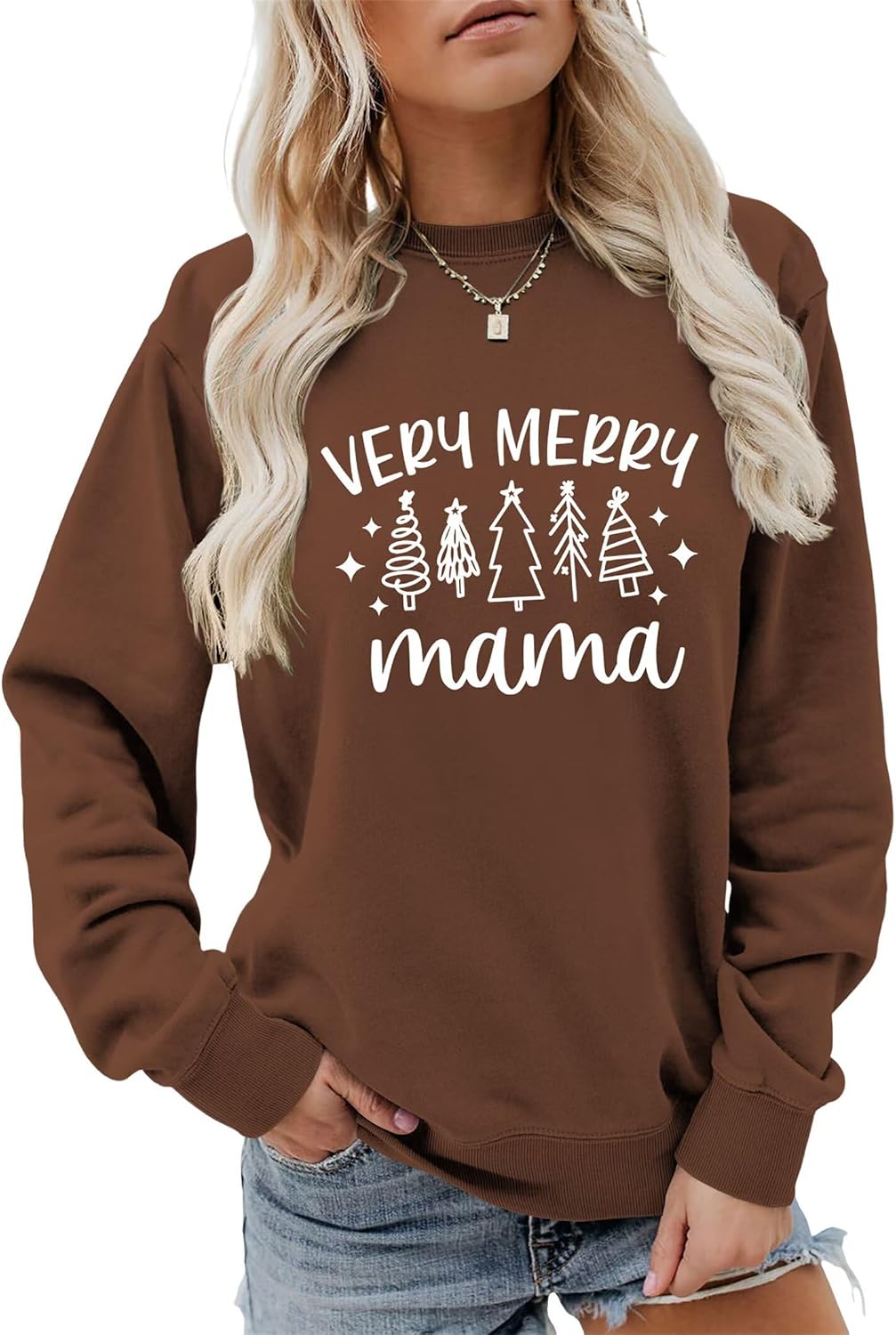 Christmas Sweatshirt Very Merry Mama Xmas Holiday Shirt Long Sleeve Graphic Sweater Crewneck Pullover Lightweight
