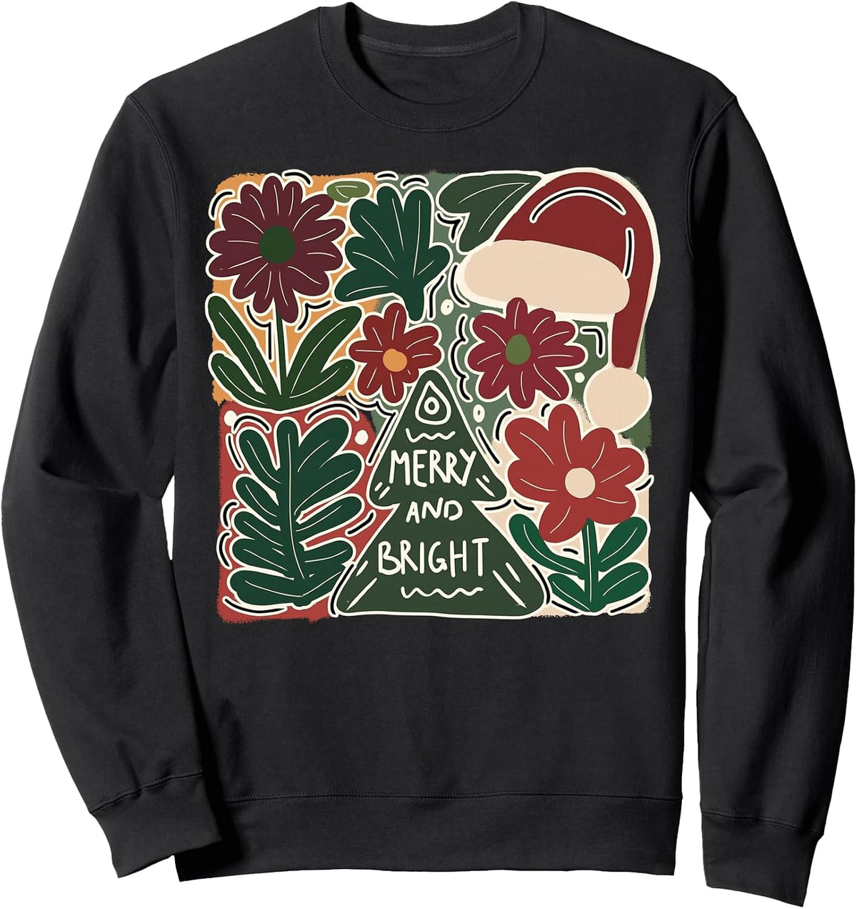 Merry and Bright Christmas Hand Drawn Boho Flower Christmas Sweatshirt