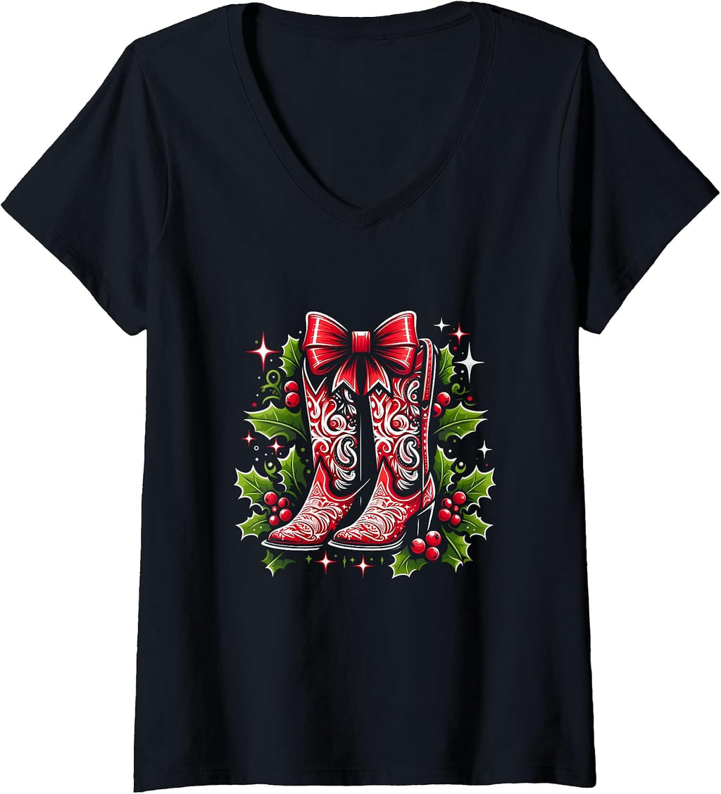 Womens Merry Christmas Bright Cowgirl Boot Xmas Western Country V-Neck T-Shirt