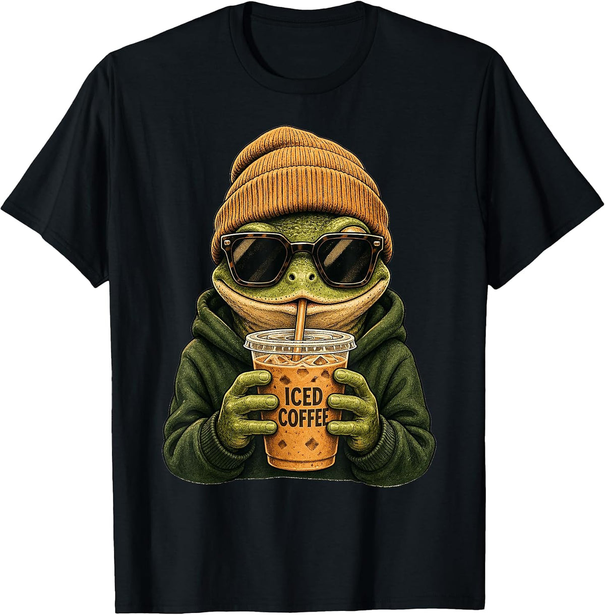Cool Frog Drinking Iced Coffee Lover Funny Hipster Frog Meme T-Shirt