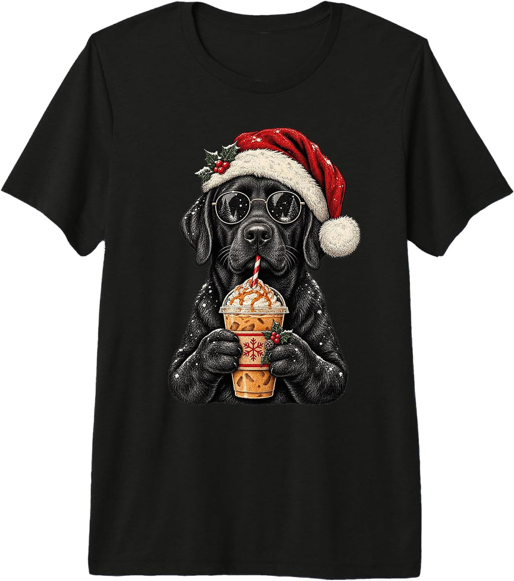 Christmas Black Labrador Coffee Lover Santa Hat Sunglasses Premium Tri-Blend T-Shirt