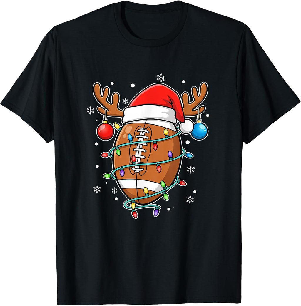 Christmas Football Santa Hat Reindeer Antlers Xmas LightsMen T-Shirt