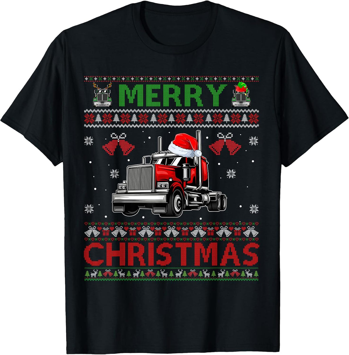 Merry Christmas Elf Reindeer Santa Trucker Ugly Xmas Sweater T-Shirt