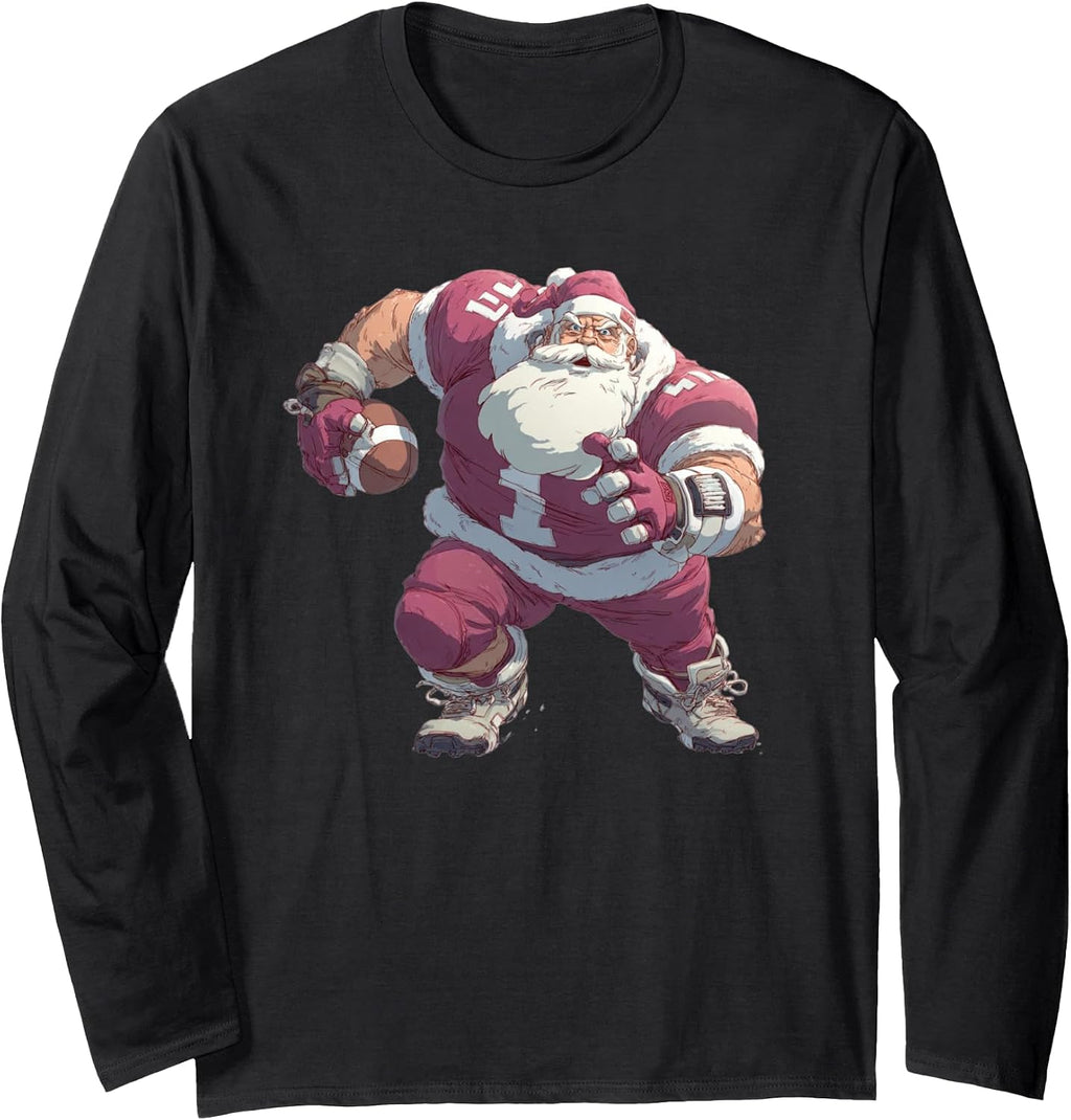 Santa Linebacker Men Kids Boys American Football Christmas Long Sleeve T-Shirt