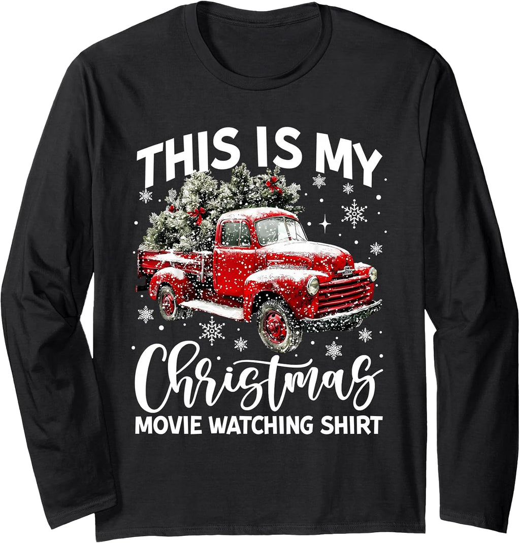 This is My Christmas Movie Watching Shirt Red Truck Vintage Long Sleeve T-Shirt