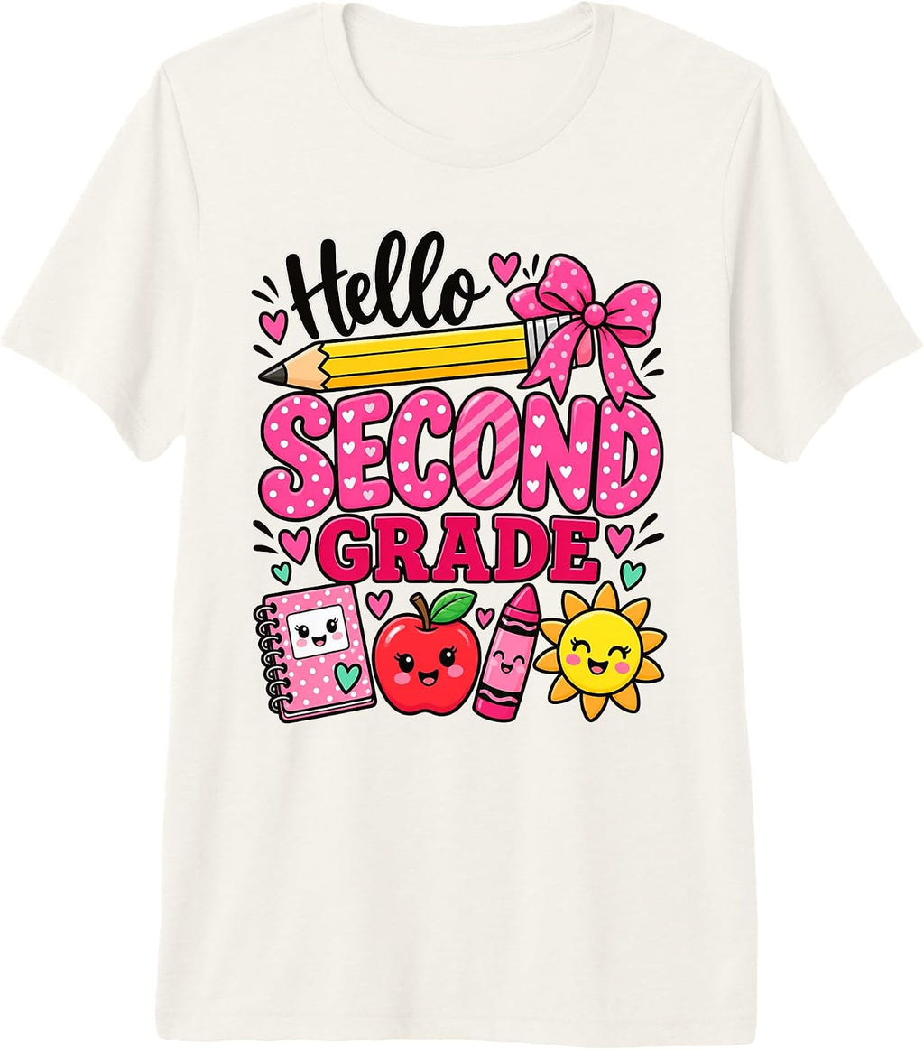 Hello Second Grade Pink Bow Pencil Back to School Girls Premium Tri-Blend T-Shirt
