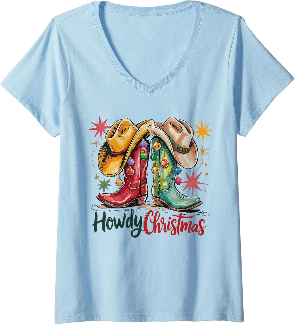 Womens Retro Howdy Christmas Western Cowboy Boots Cowgirl Cowboy V-Neck T-Shirt
