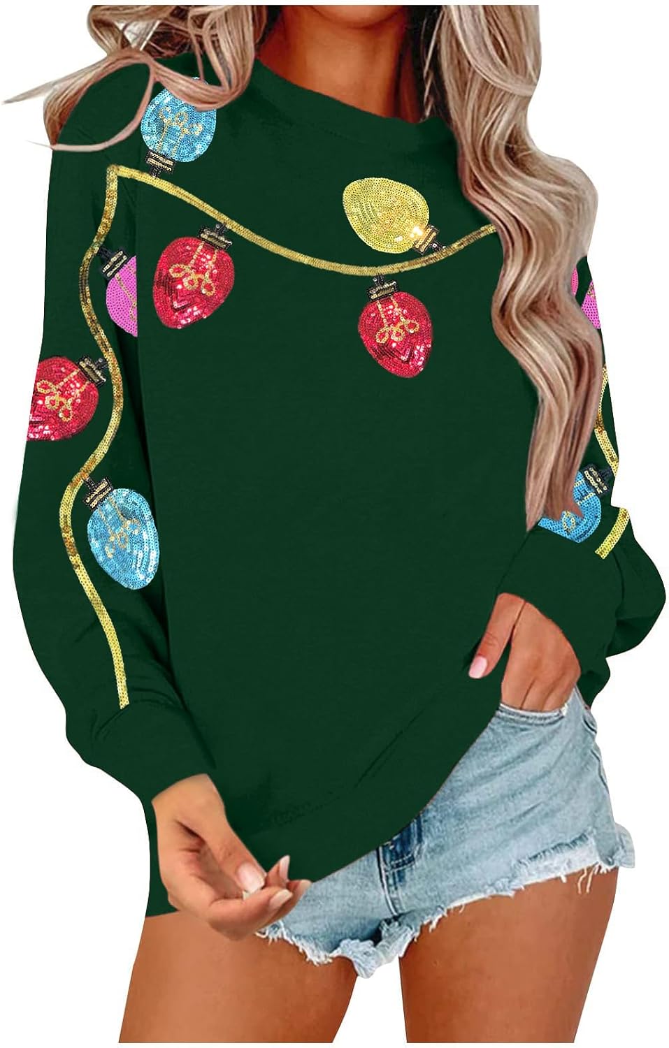 Christmas Sweatshirts for Women Sequin Christmas Light Long Sleeve Shirt