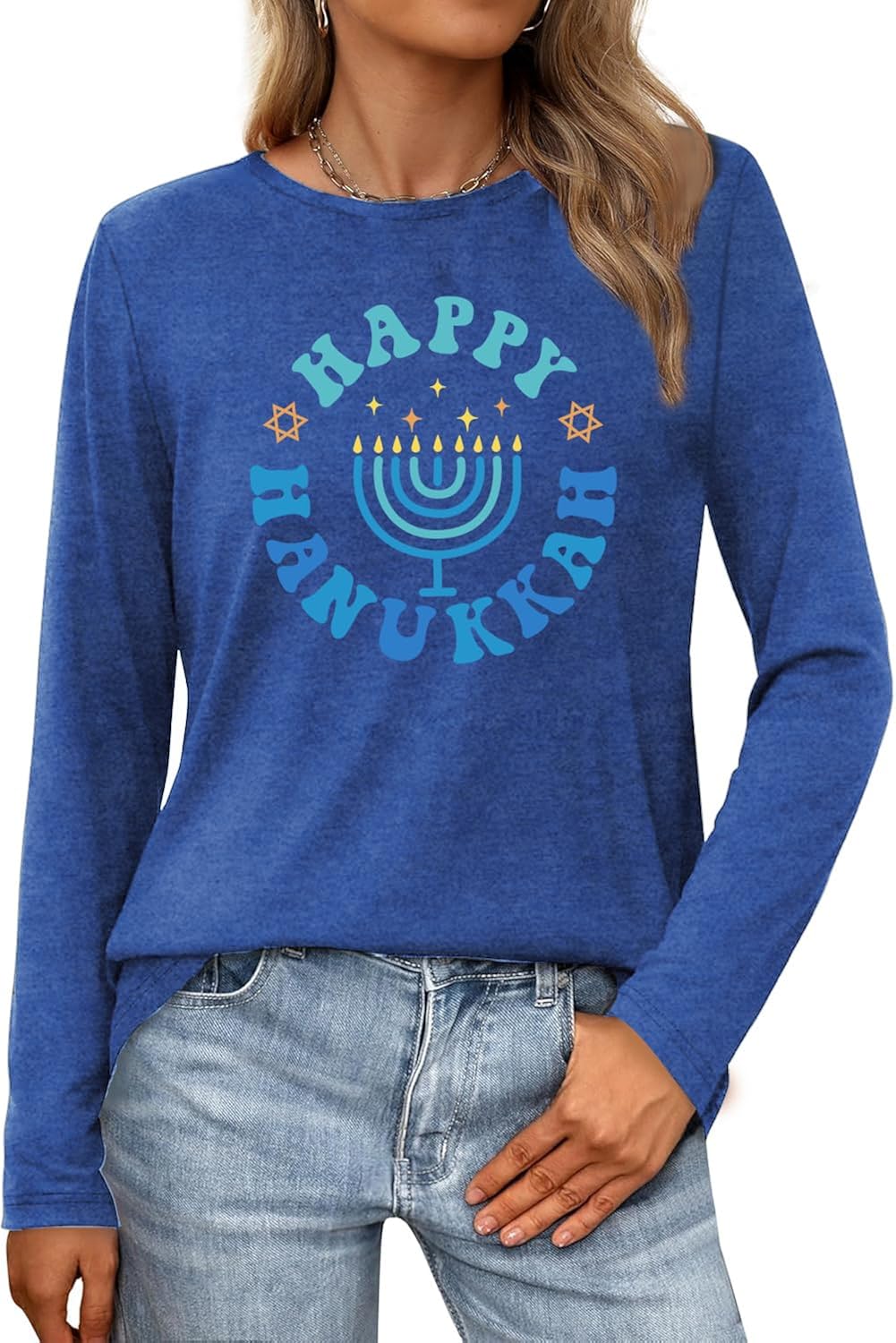 Happy Hanukkah Shirt Women Jewish Menorah Chanukah Long Sleeve Tops