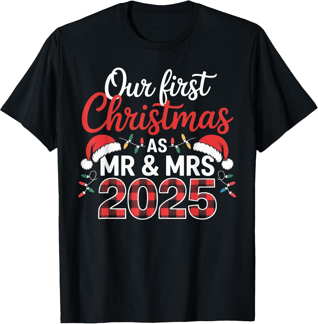 Our First Christmas as Mr and Mrs 2025 Matching Couple T-Shirt