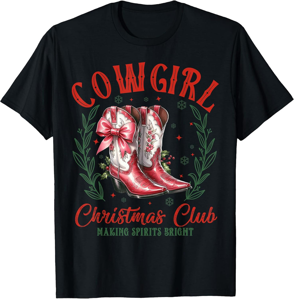 Howdy Christmas Boots Cowgirl Coquette Pink Bow Western Xmas T-Shirt